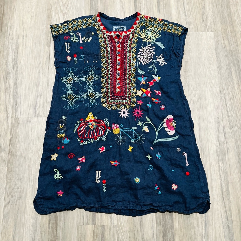 Johnny Was Biya Mishti Linen Embroidered Mini Dress size XL